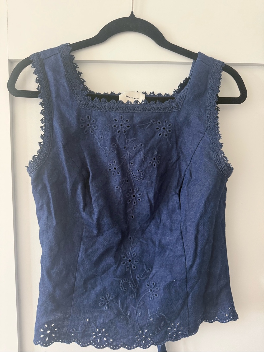 Reformation Navy Blue Embroidered Lace-Trim Sleeveless Top